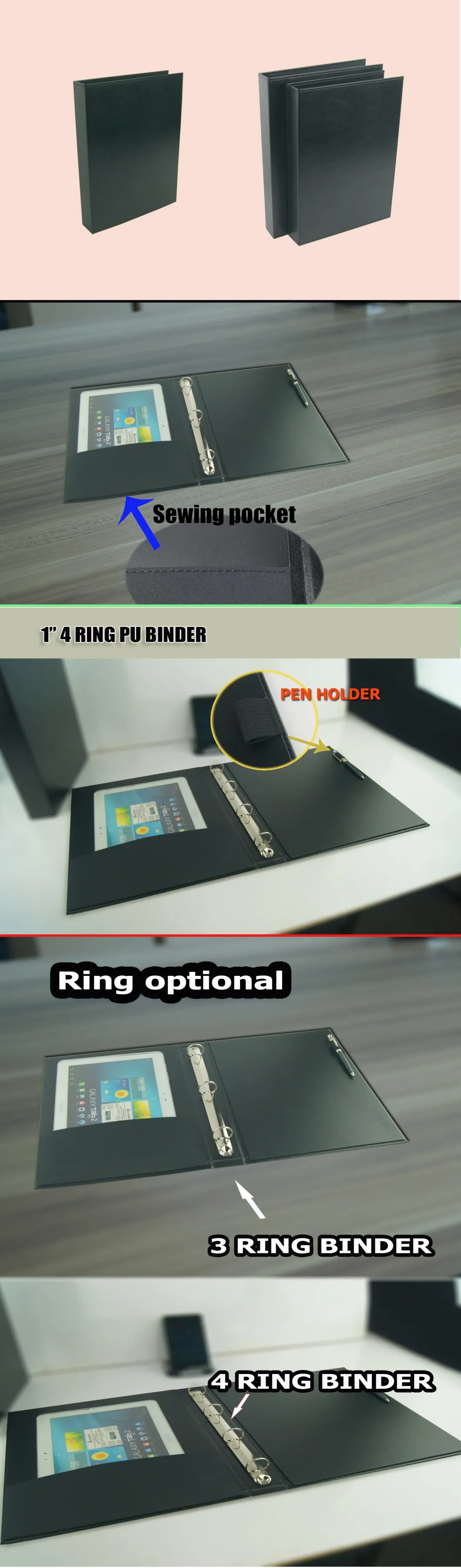 Unità di elaborazione su ordinazione di Logo Leather 3 Ring Binder, il nero